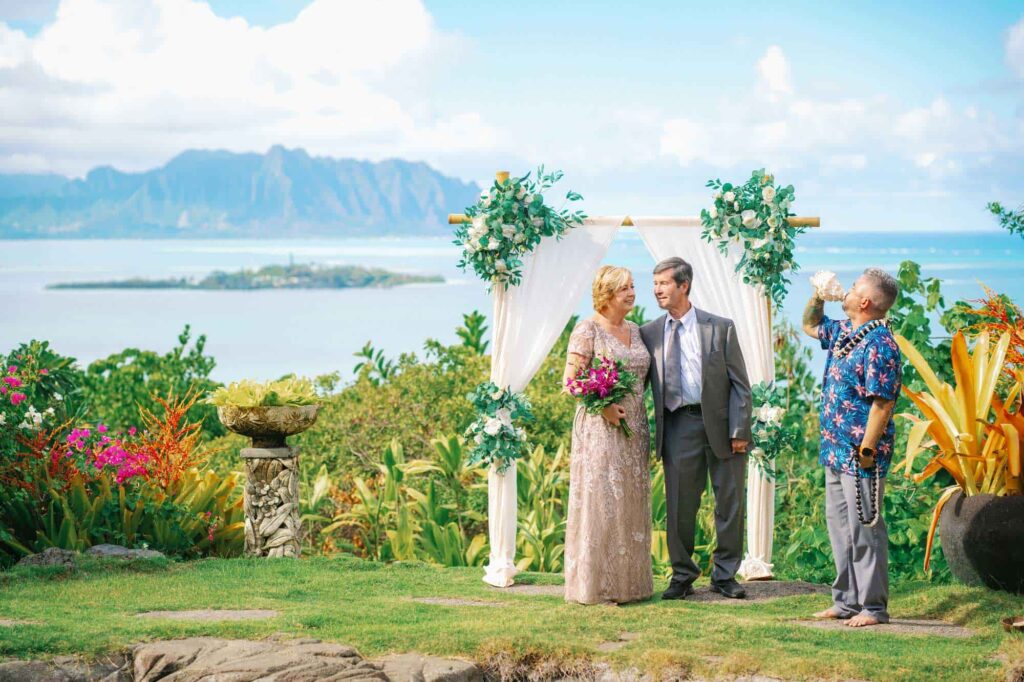 A vow renewal ceremony at Noelani Gardens on Oahu.